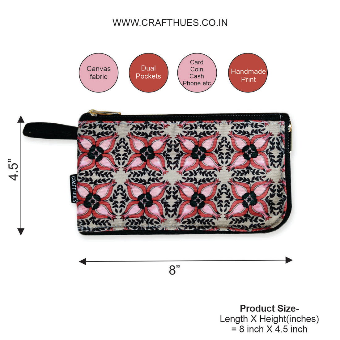 Dual-Zip Wallet- Black Maroon Floral