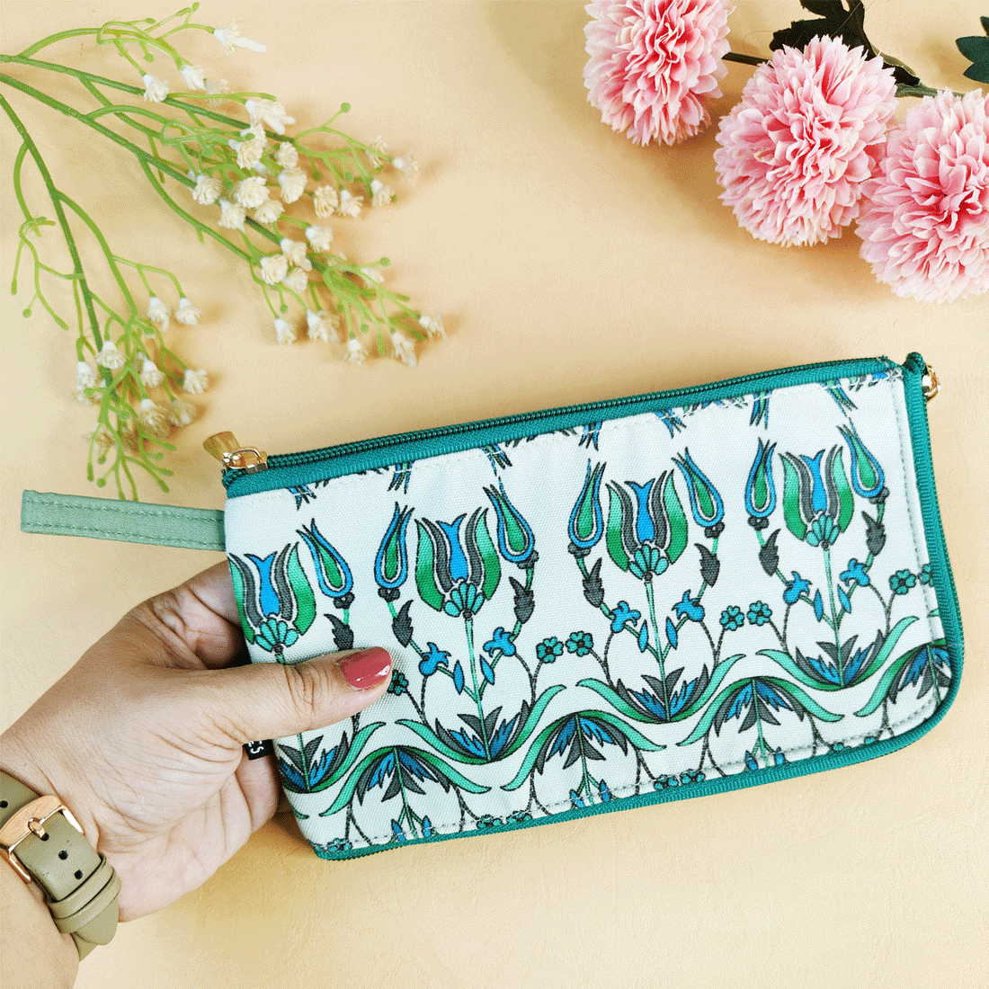 Dual-Zip Wallet- Sea Green Persian