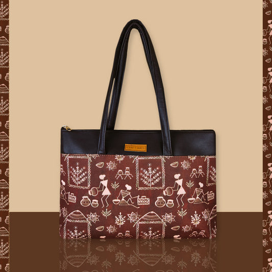 Brown Warli Village Tote Bag