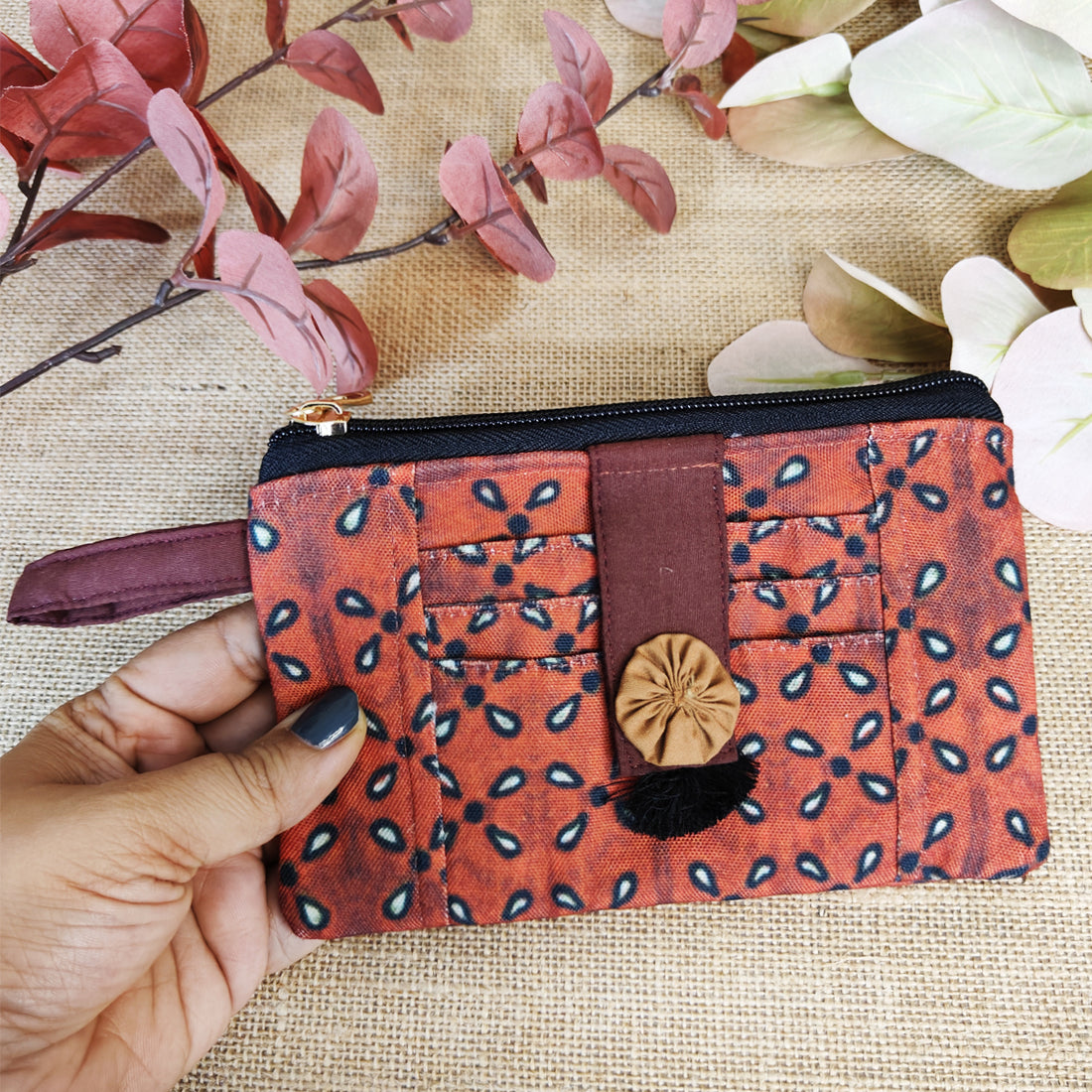 Front Card Wallet- Kalamkari Maroon Flower