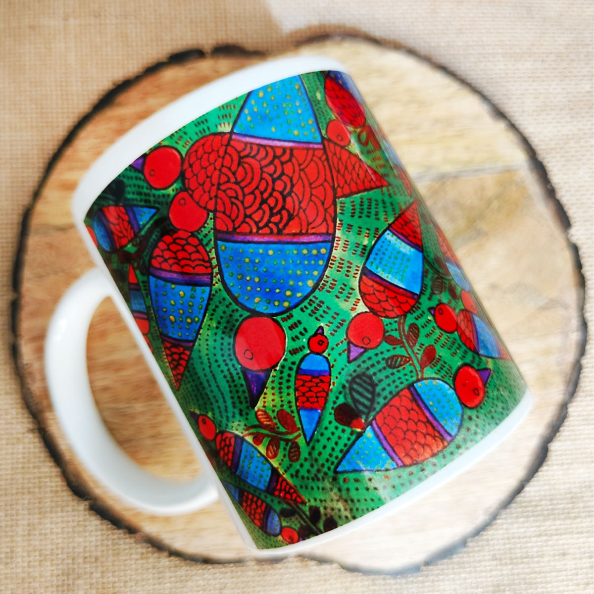 Green Bird Gond Art Coffee Mug