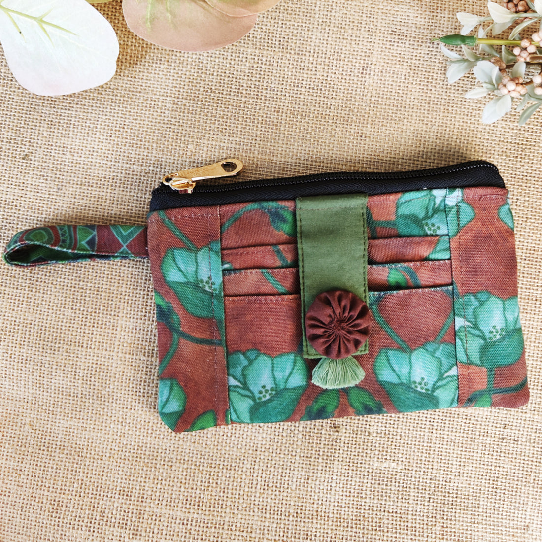 Front Card Wallet- Green Flowers