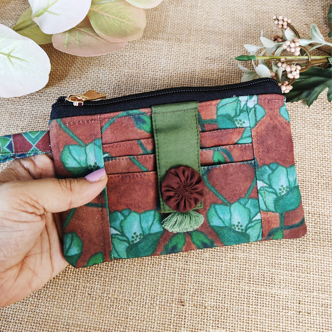 Front Card Wallet- Green Flowers