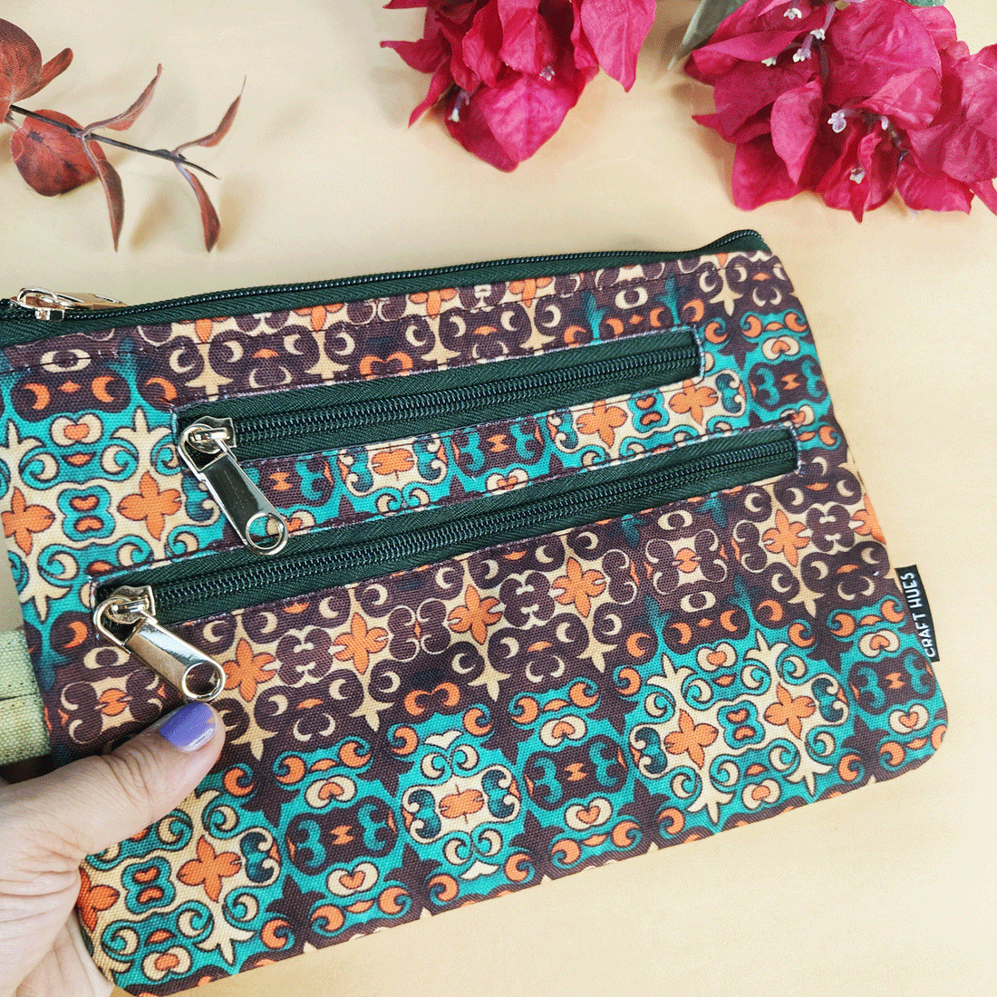 Multi-Purpose Pouch Combo-Green Knot-Orange Madhubani Flower