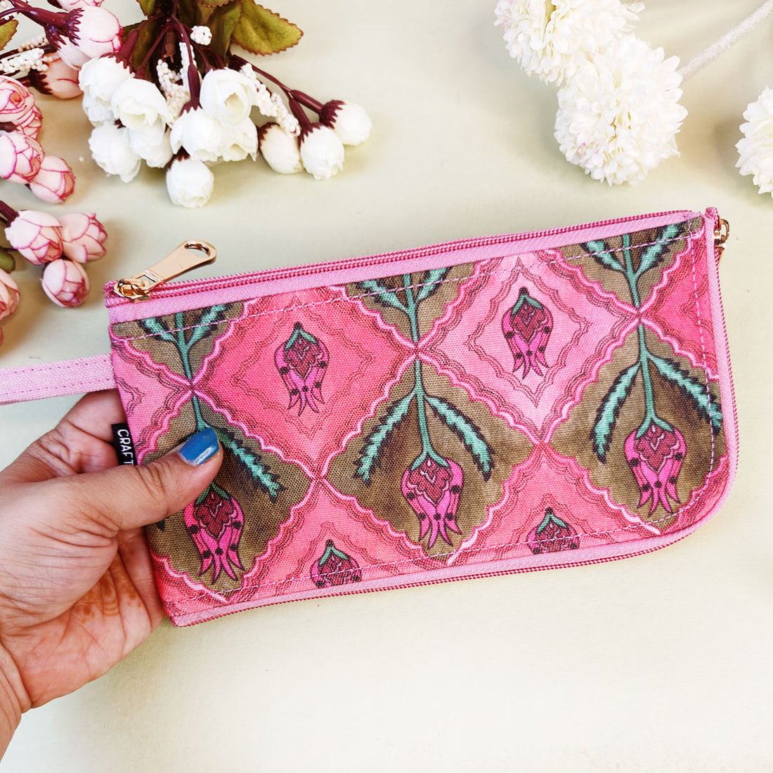 Dual-Zip Wallet- Jaipuri Pink Lotus