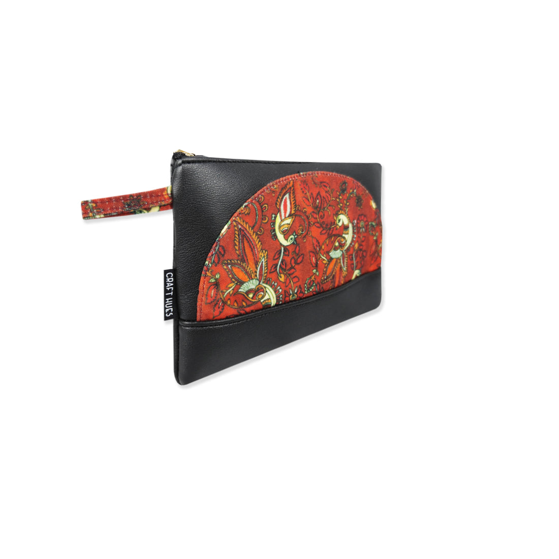 Leather Semi-circle Wallet- Kalamkari Orange Peacock