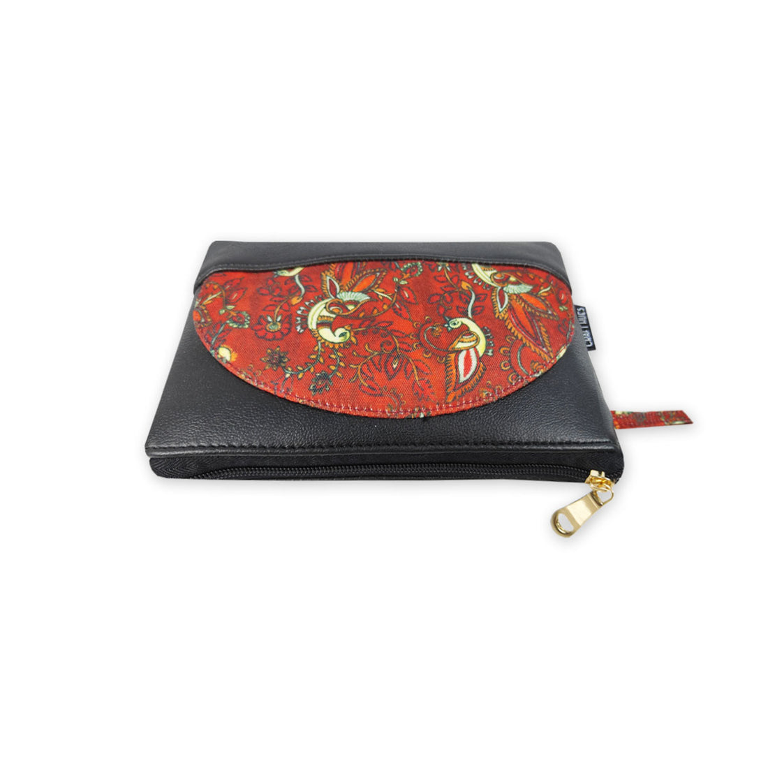 Leather Semi-circle Wallet- Kalamkari Orange Peacock