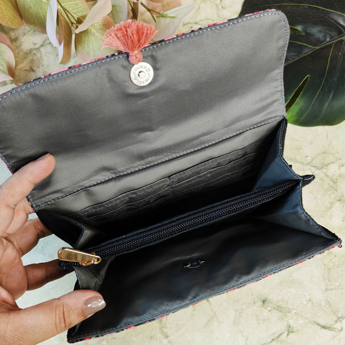 Long Flap Wallet- Black Maroon Floral