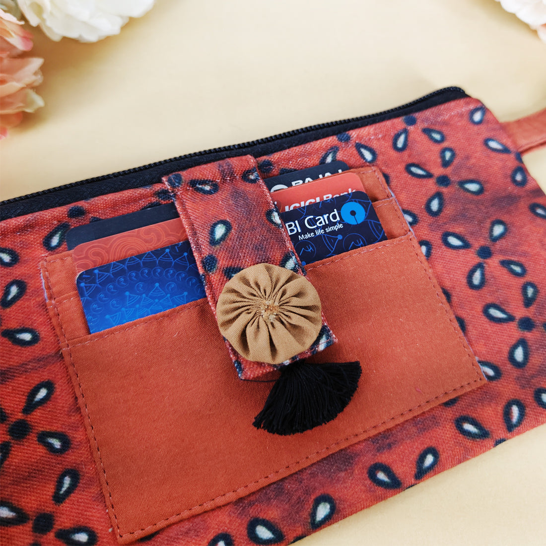 Long front card wallet- kalamkari Maroon flowers