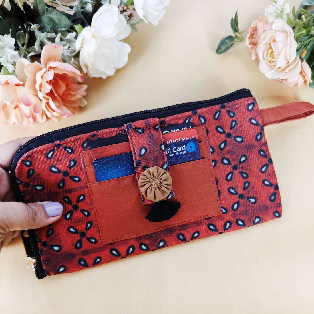 Long front card wallet- kalamkari Maroon flowers