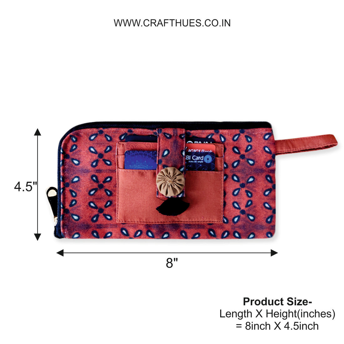 Long front card wallet- kalamkari Maroon flowers