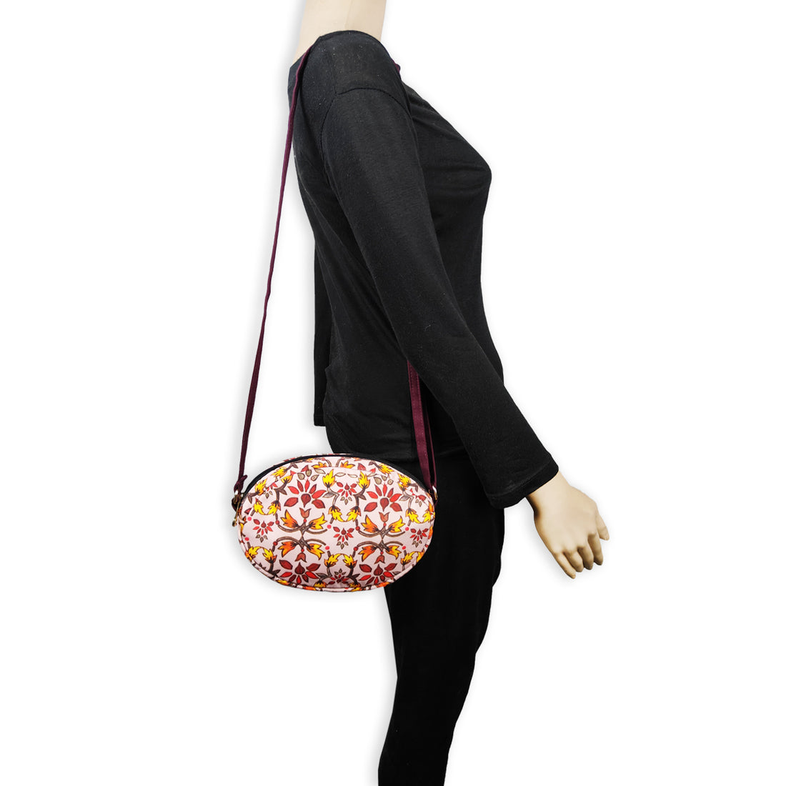 Oval Sling Bag- Maroon Flowers