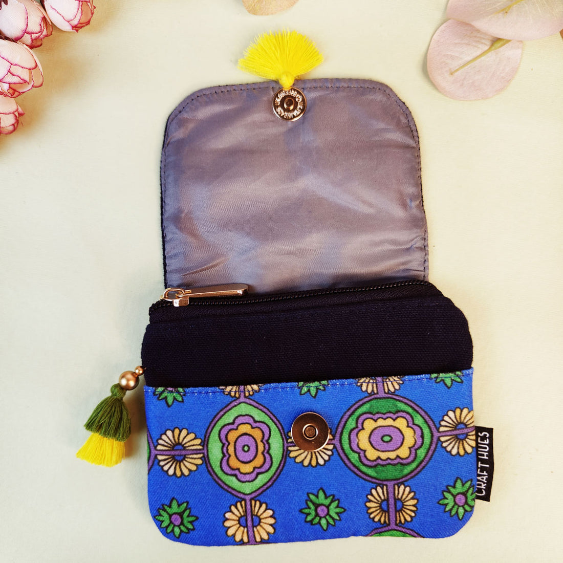 MINI FLAP WALLET- BLUE-GREEN TEAL TILE- PURPLE SUZANI