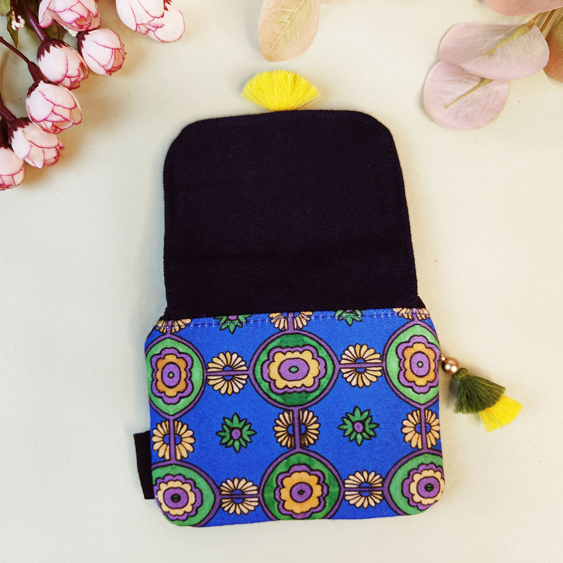 MINI FLAP WALLET- BLUE-GREEN TEAL TILE- PURPLE SUZANI