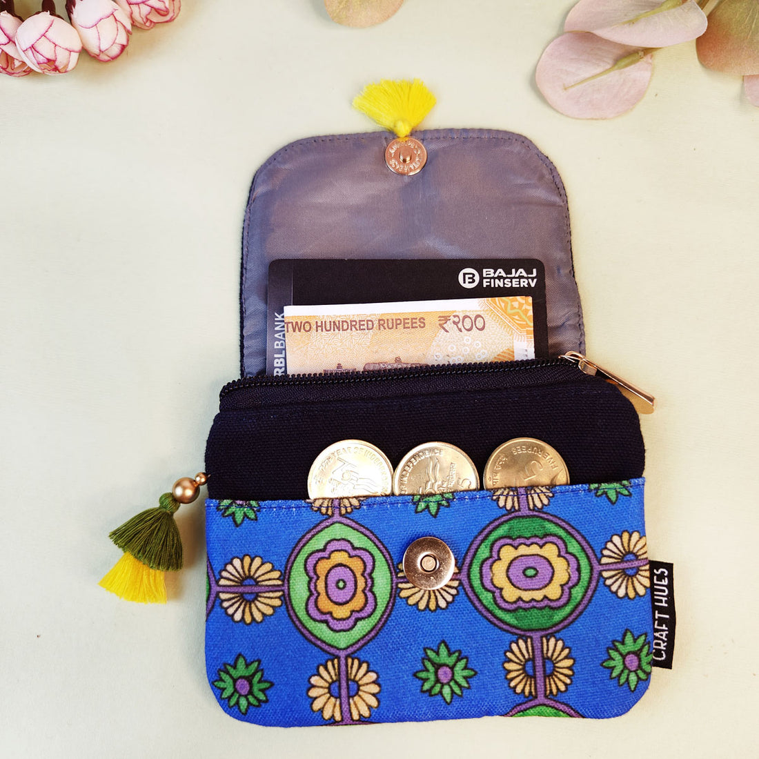 MINI FLAP WALLET- BLUE-GREEN TEAL TILE- PURPLE SUZANI