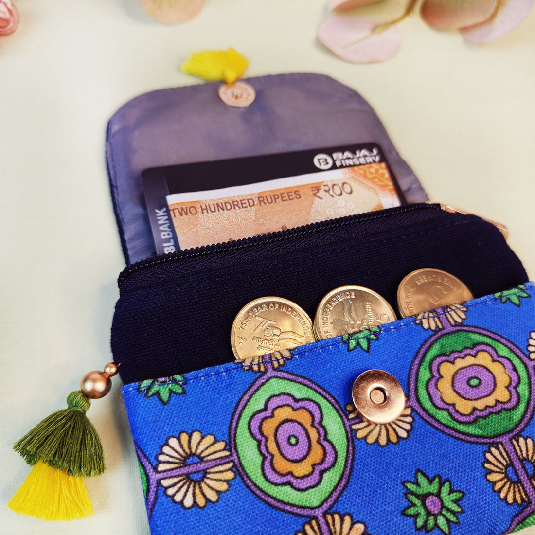 MINI FLAP WALLET- BLUE-GREEN TEAL TILE- PURPLE SUZANI