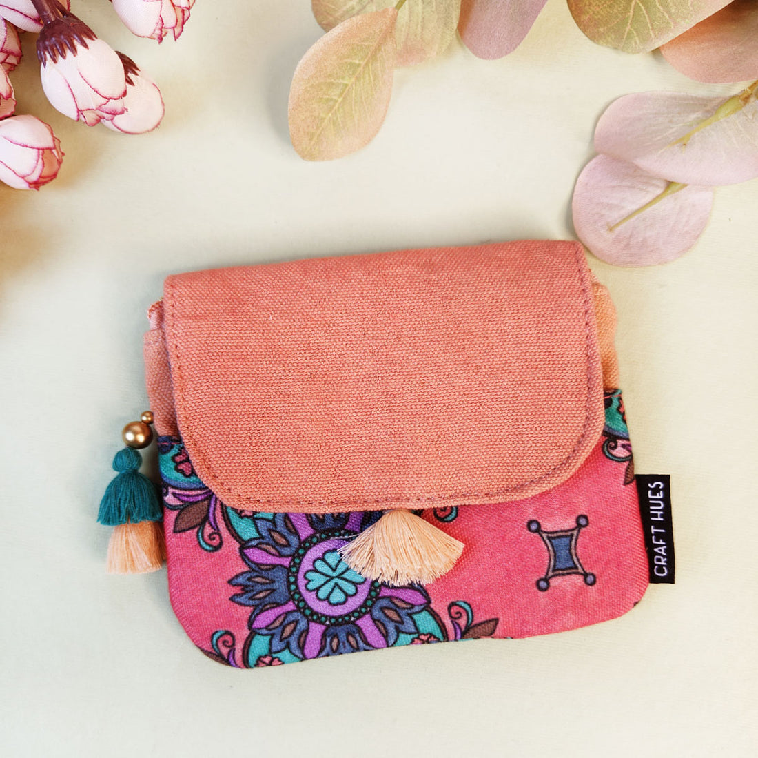 MINI FLAP WALLET- PEACH-RED TEAL TILE-PEACH PURPLE TILE