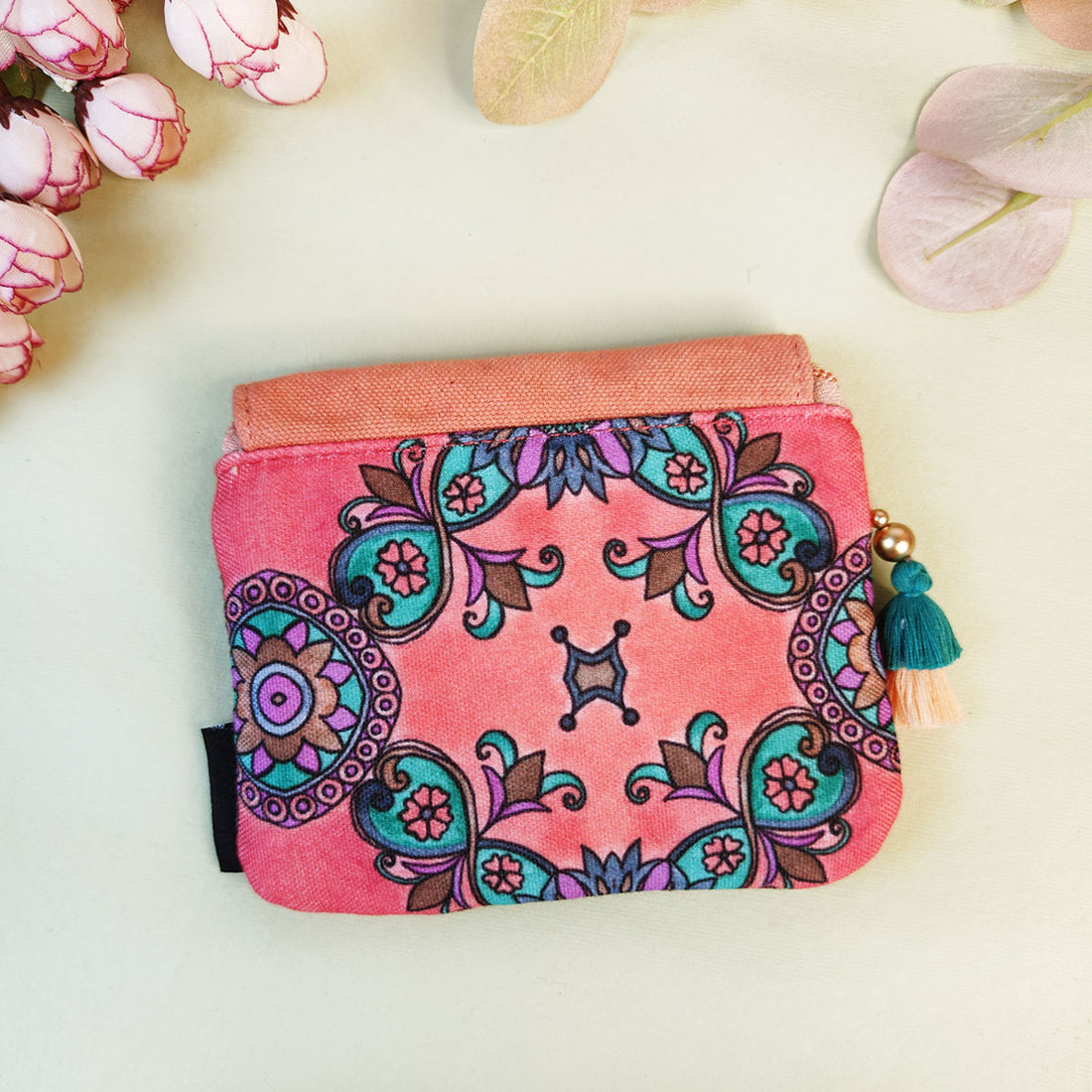 MINI FLAP WALLET- PEACH-RED TEAL TILE-PEACH PURPLE TILE