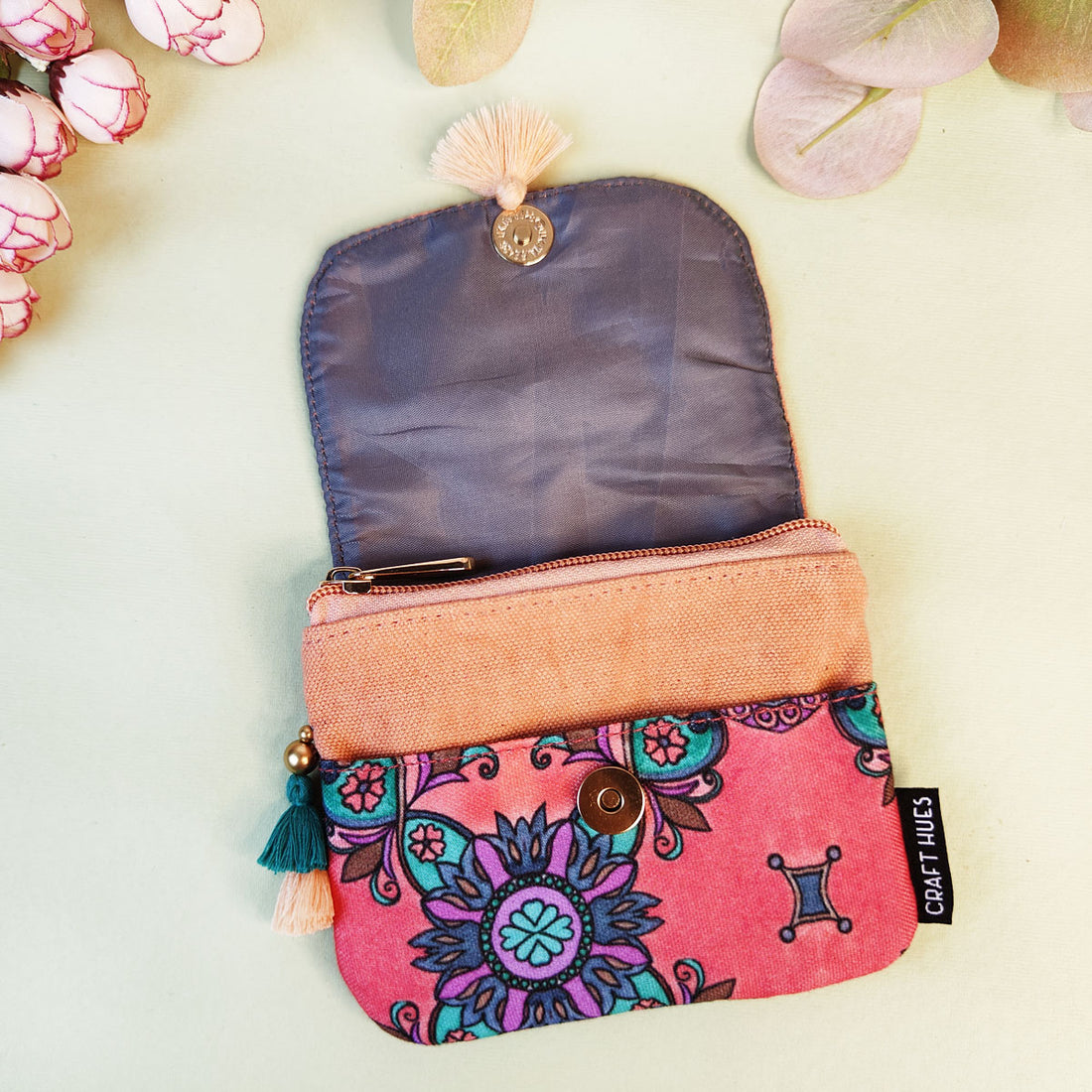 MINI FLAP WALLET- PEACH-RED TEAL TILE-PEACH PURPLE TILE