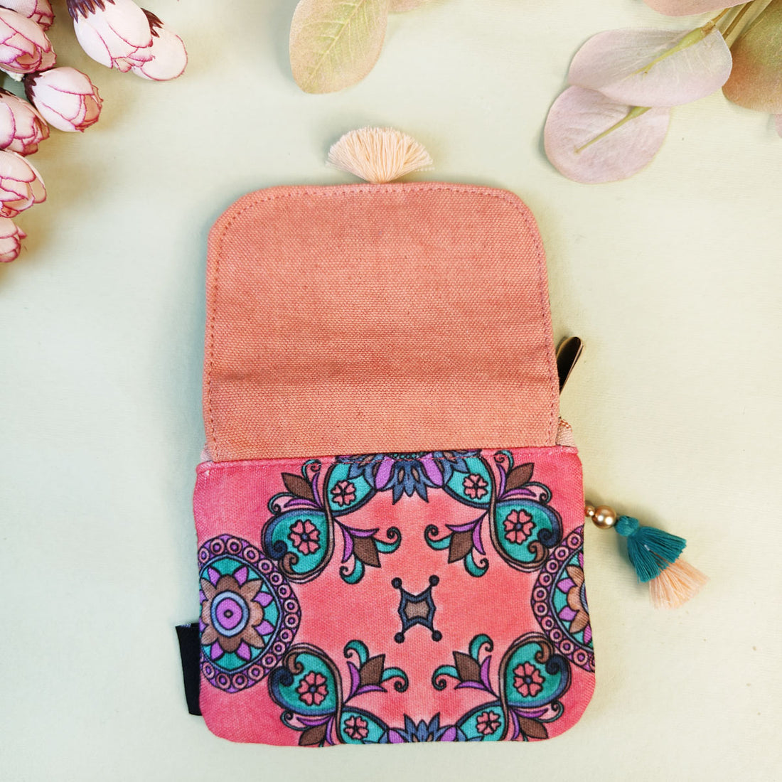 MINI FLAP WALLET- PEACH-RED TEAL TILE-PEACH PURPLE TILE