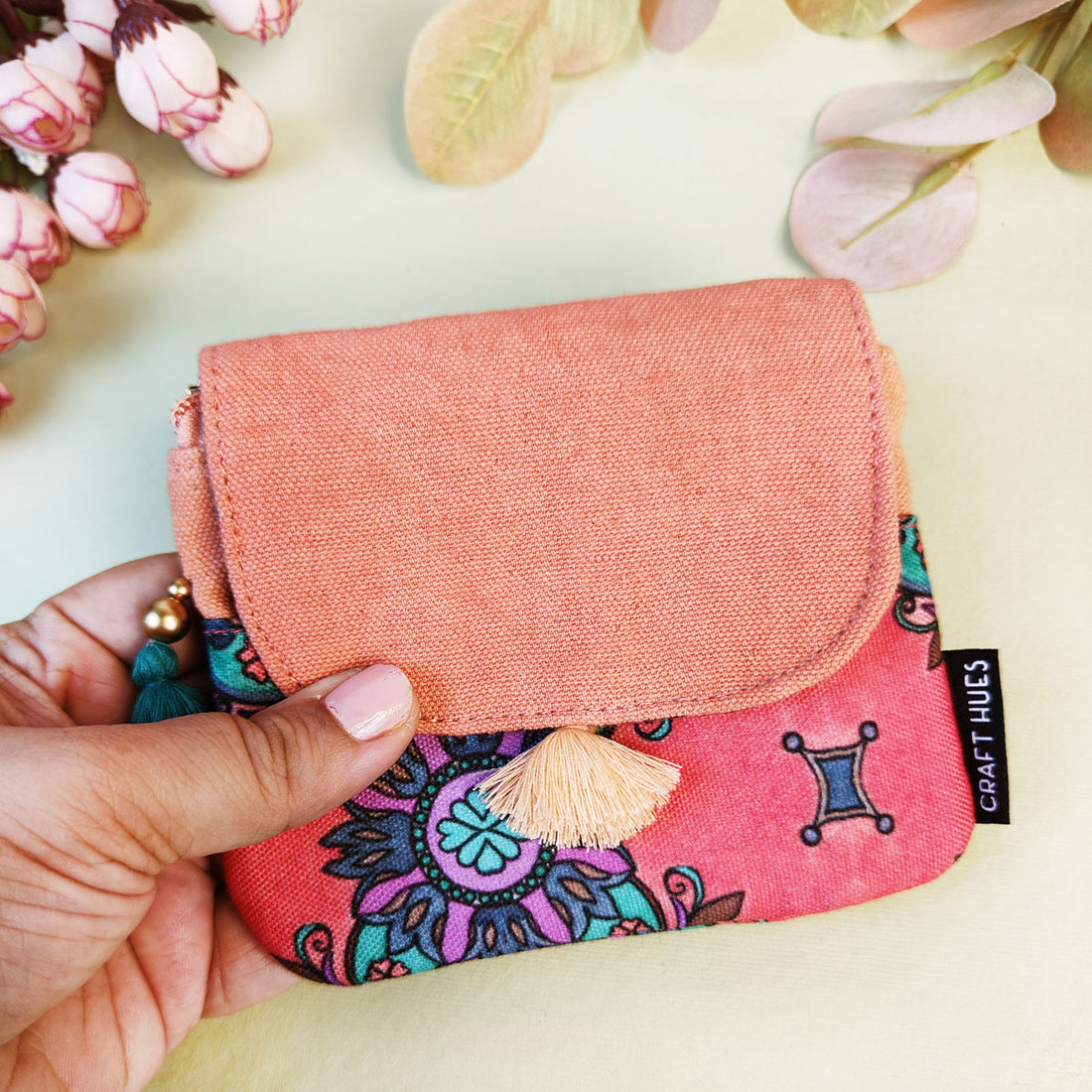 MINI FLAP WALLET- PEACH-RED TEAL TILE-PEACH PURPLE TILE