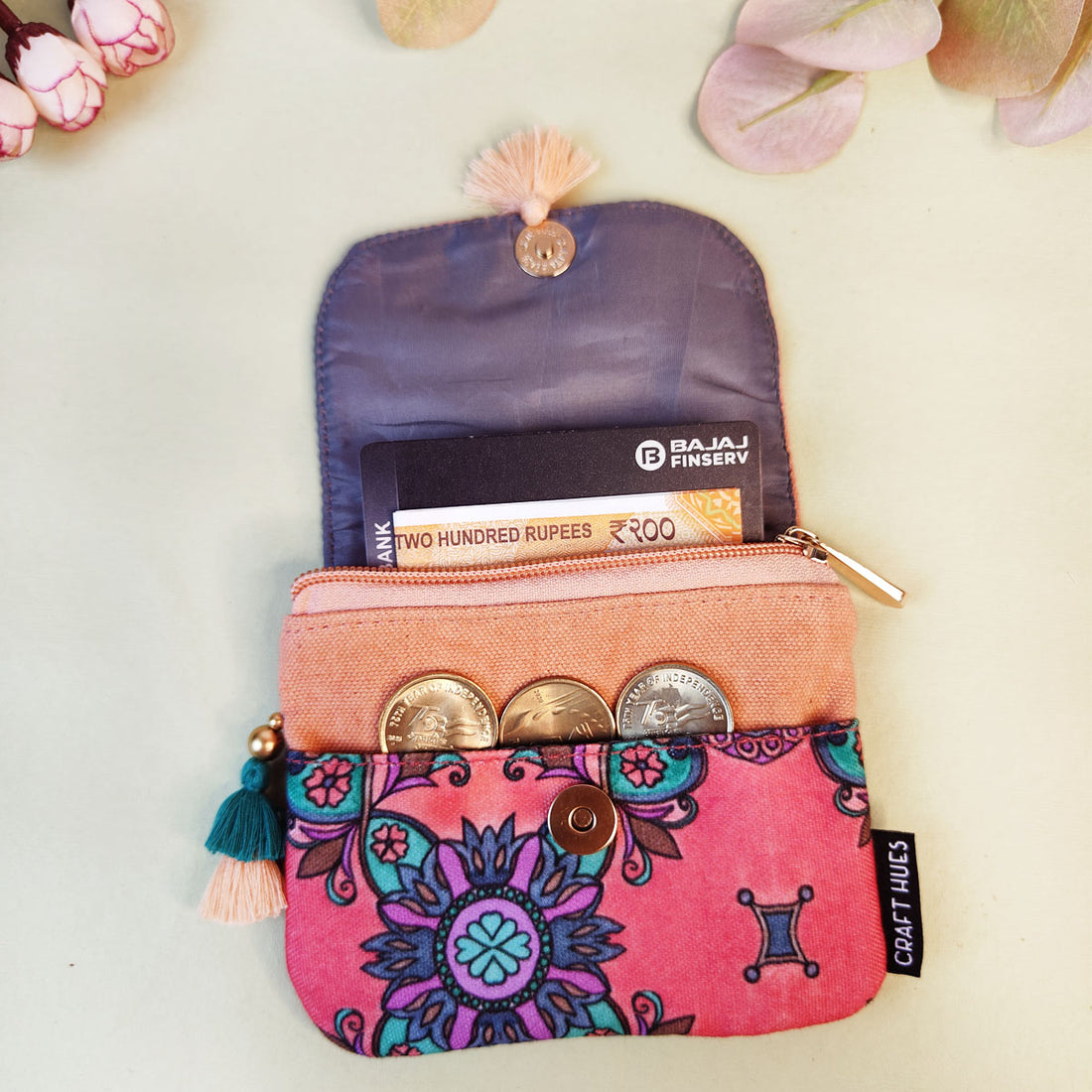 MINI FLAP WALLET- PEACH-RED TEAL TILE-PEACH PURPLE TILE