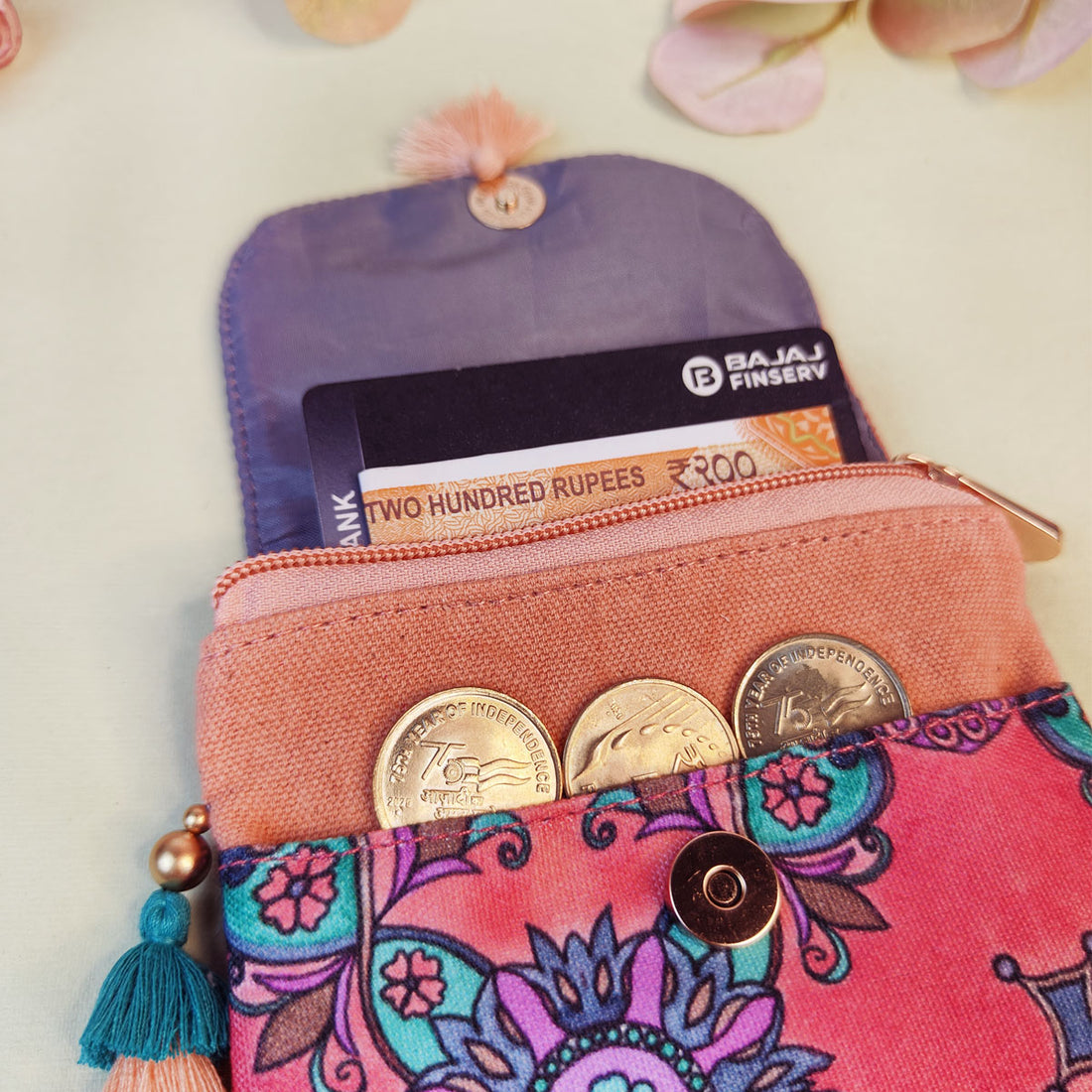 MINI FLAP WALLET- PEACH-RED TEAL TILE-PEACH PURPLE TILE