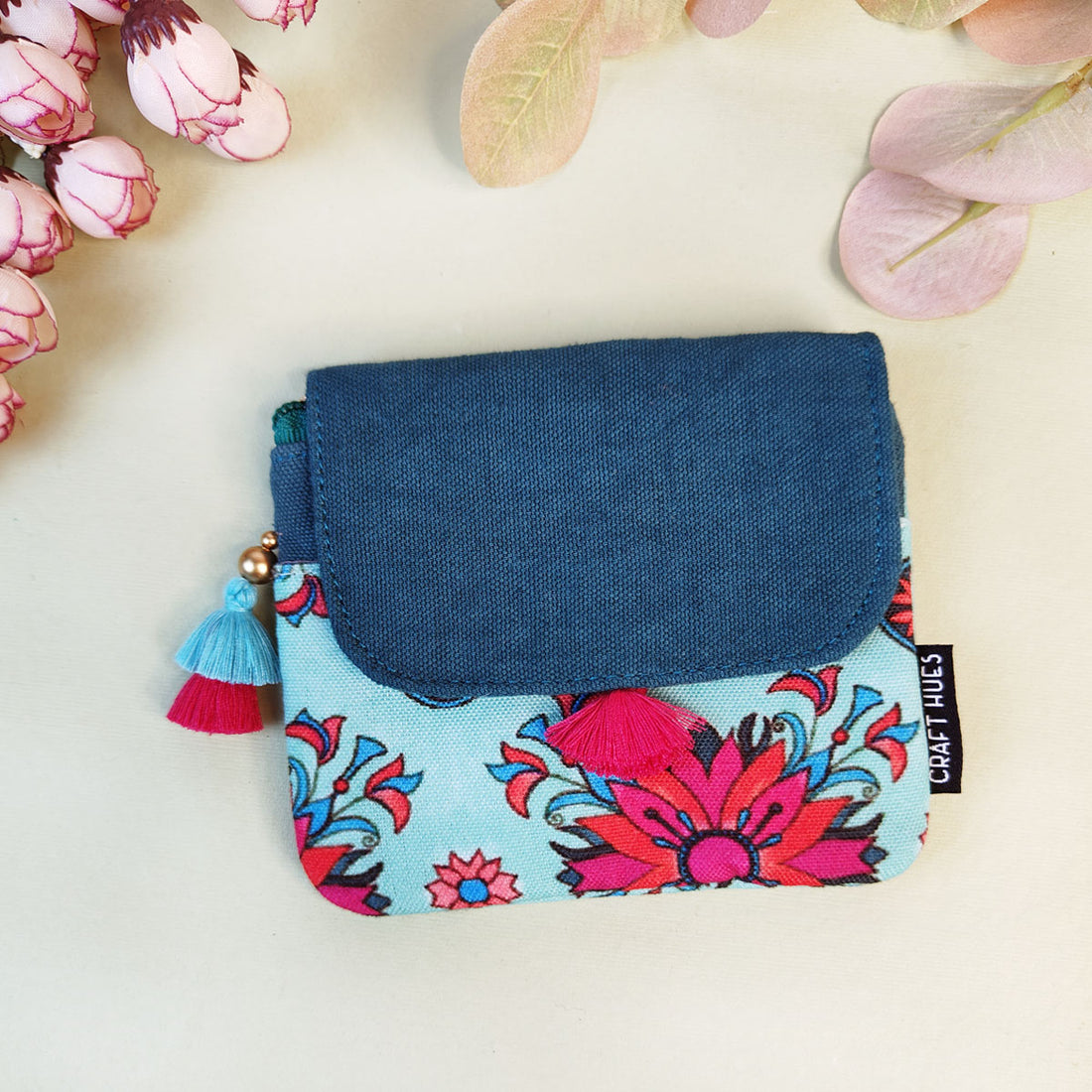 MINI FLAP WALLET- PEACH-RED TEAL TILE-PEACH PURPLE TILE