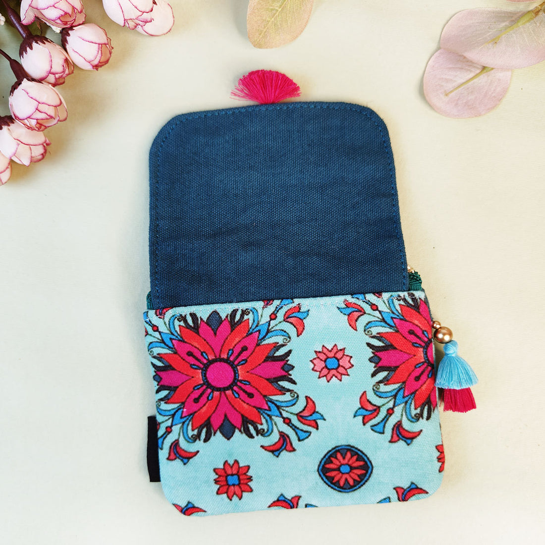 MINI FLAP WALLET- PEACH-RED TEAL TILE-PEACH PURPLE TILE
