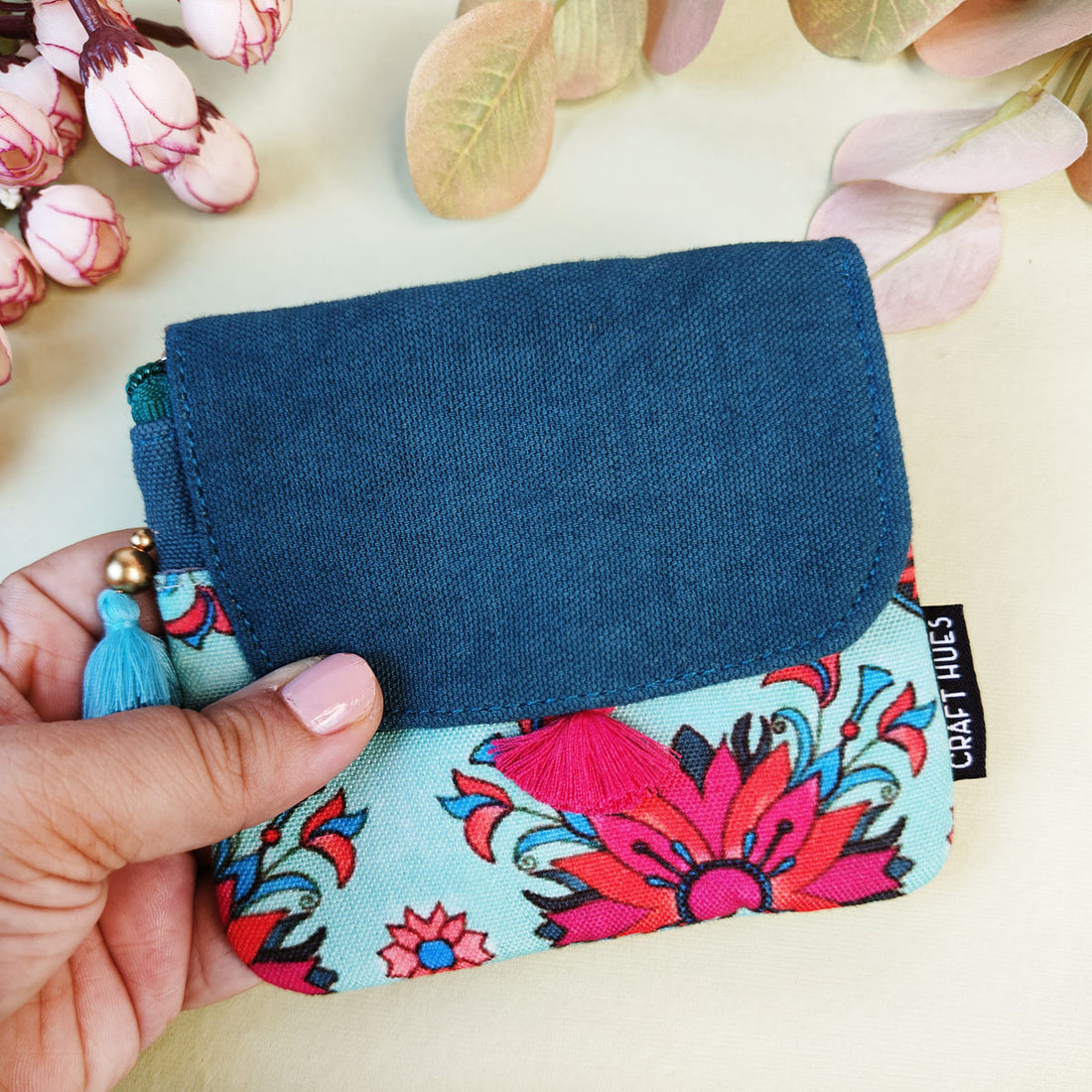MINI FLAP WALLET- PEACH-RED TEAL TILE-PEACH PURPLE TILE
