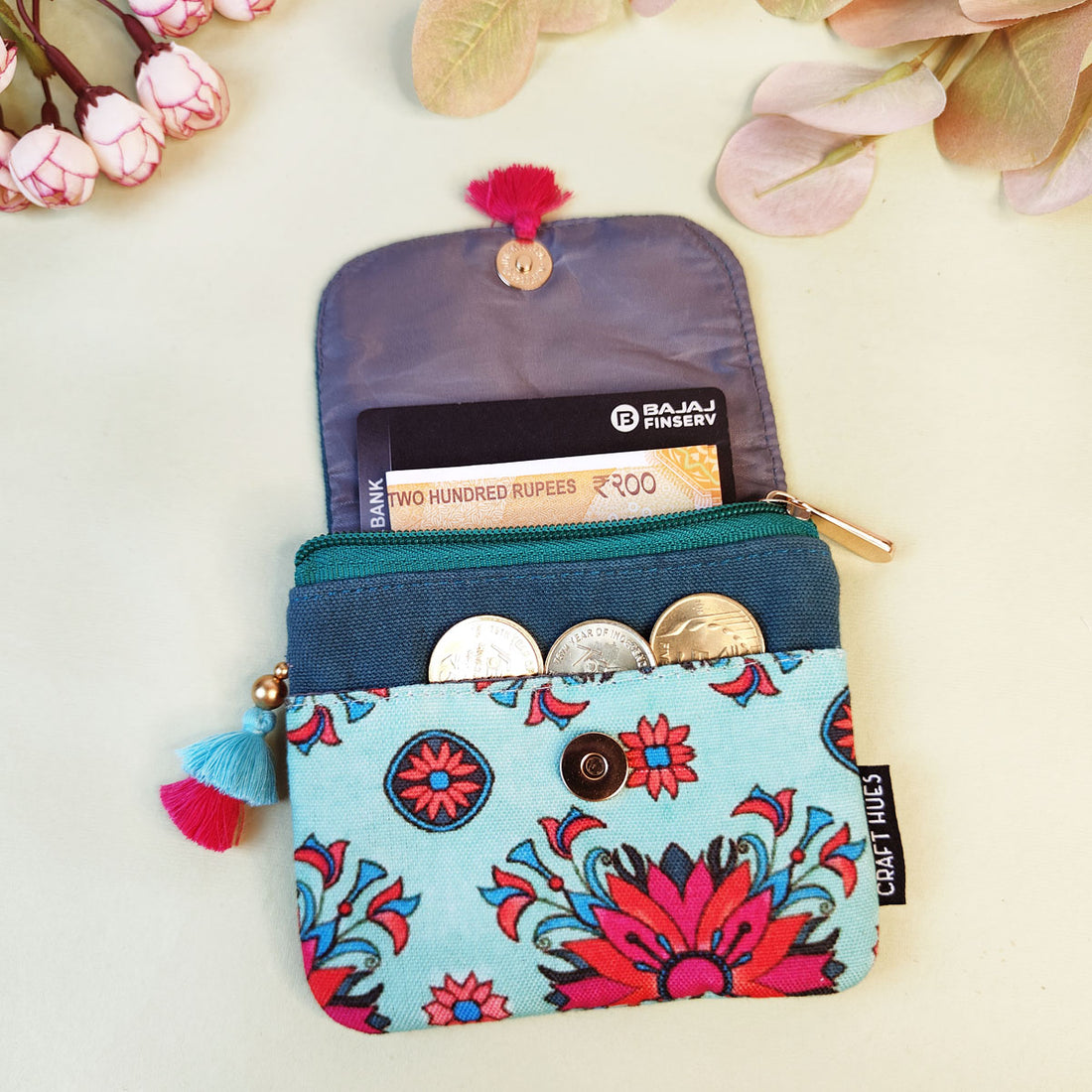 MINI FLAP WALLET- PEACH-RED TEAL TILE-PEACH PURPLE TILE