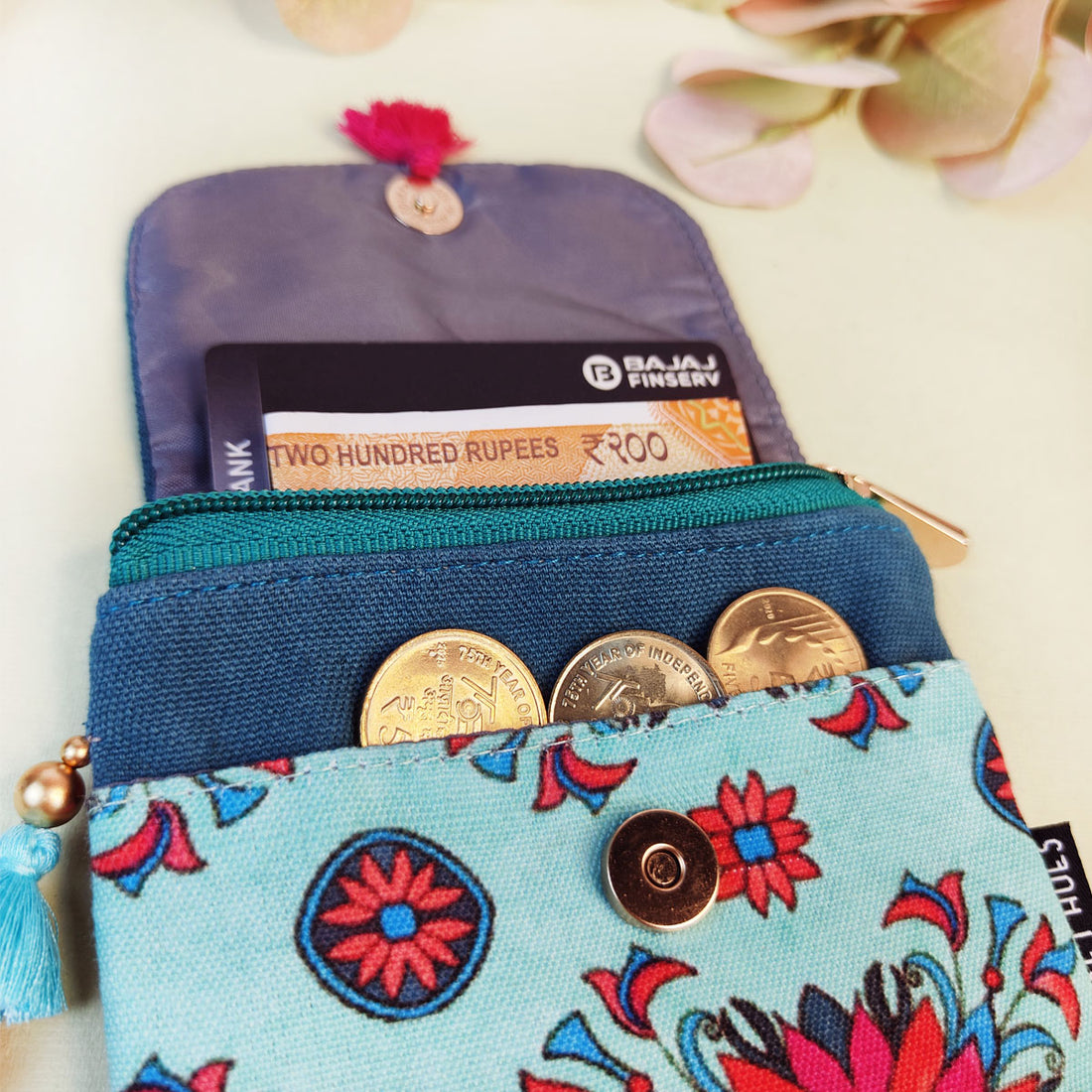 MINI FLAP WALLET- PEACH-RED TEAL TILE-PEACH PURPLE TILE