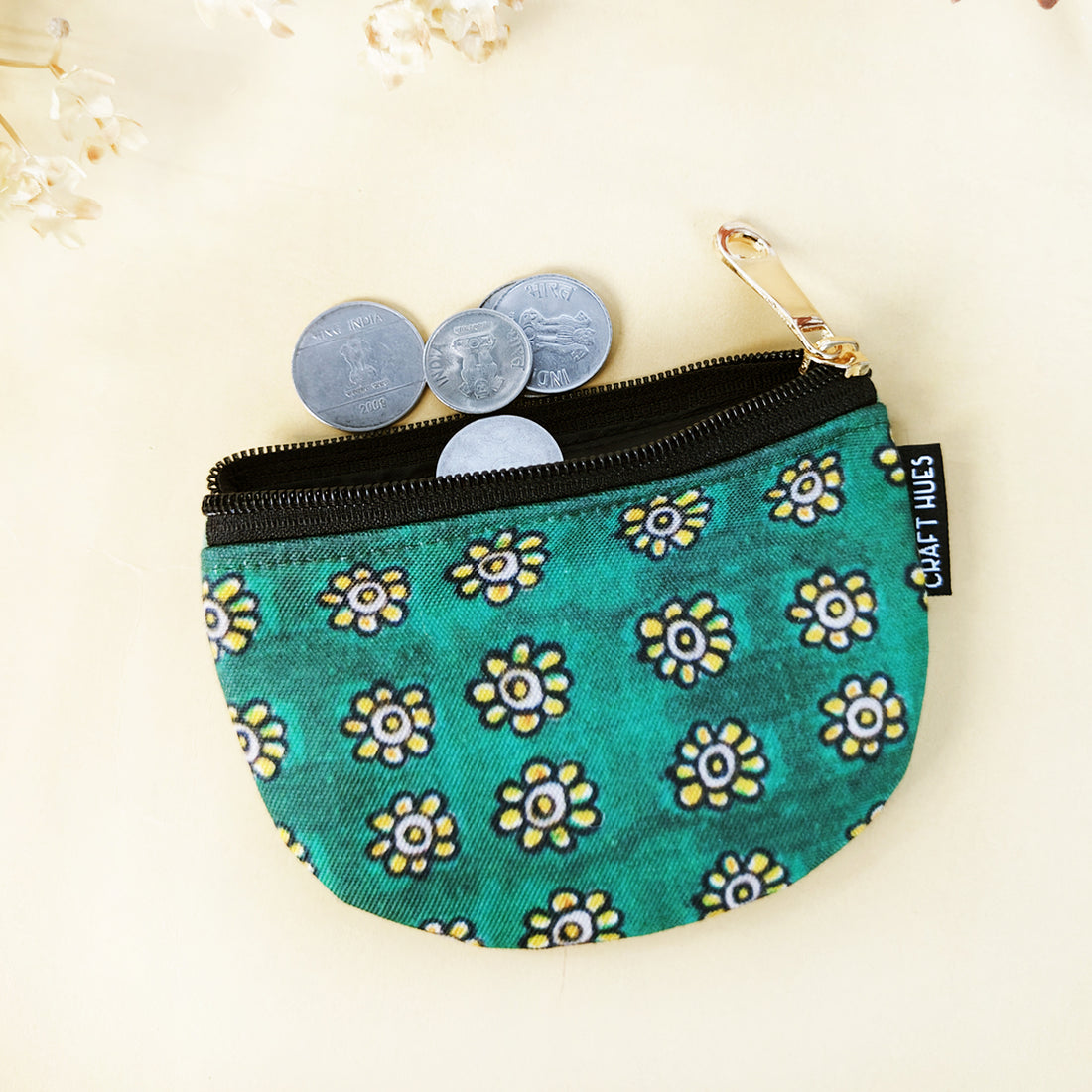 Mobile wallet coin pouch combo- Kalamkari Green yellow flowers