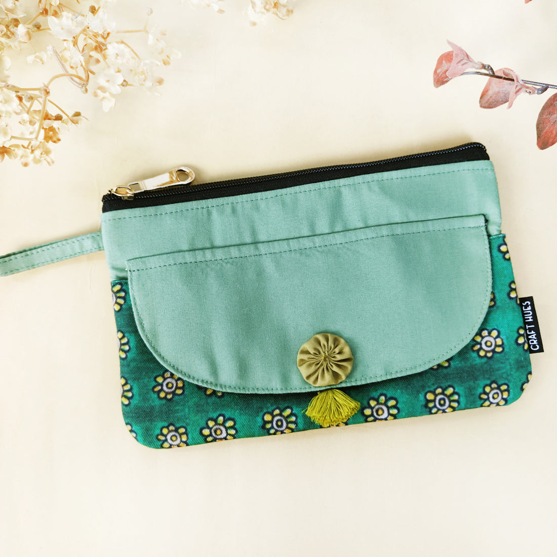 Mobile wallet coin pouch combo- Kalamkari Green yellow flowers