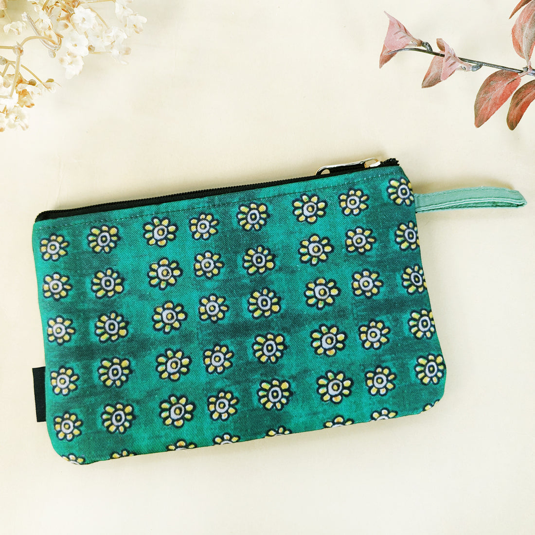 Mobile wallet coin pouch combo- Kalamkari Green yellow flowers