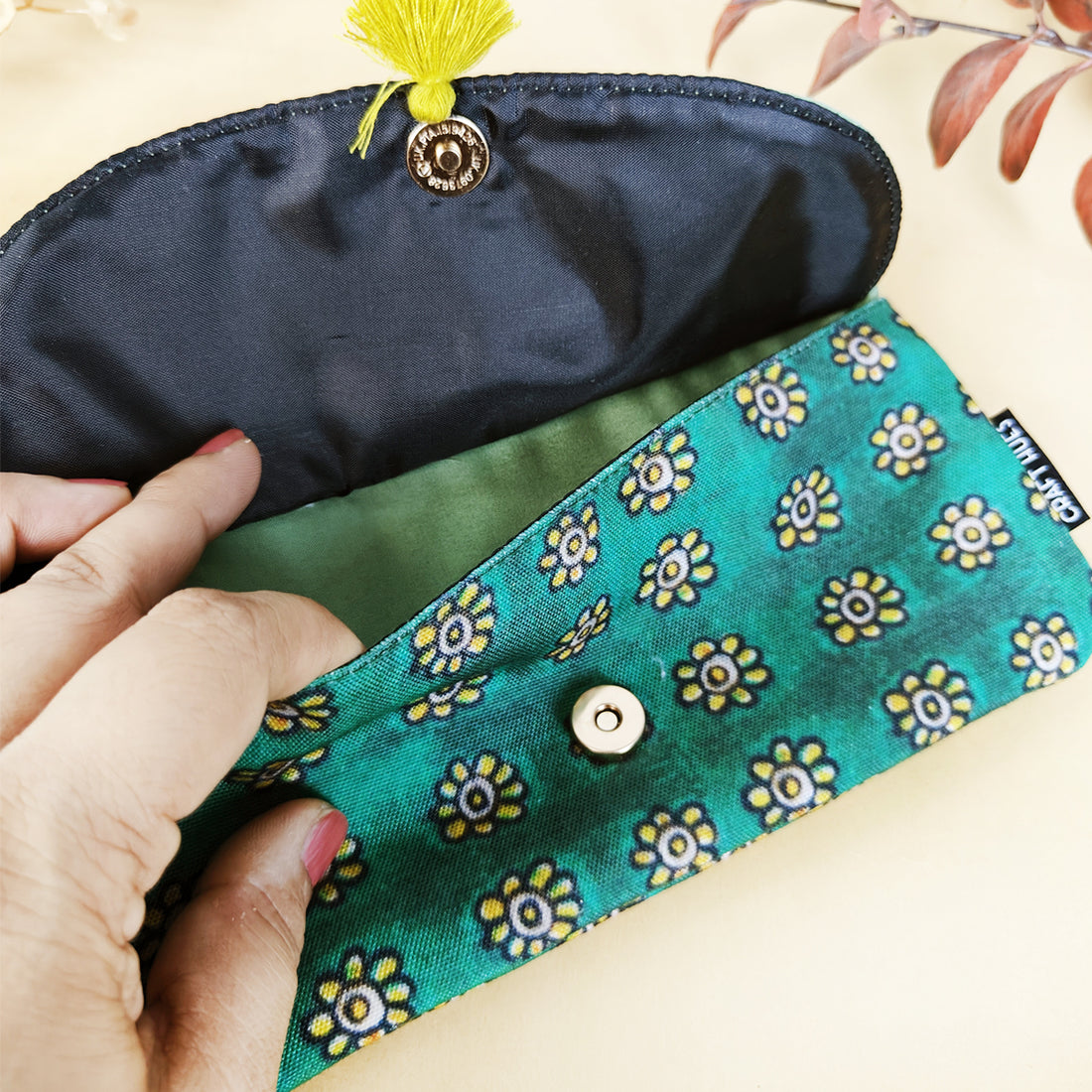 Mobile wallet coin pouch combo- Kalamkari Green yellow flowers