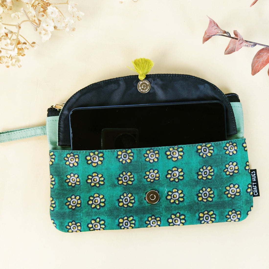 Mobile wallet coin pouch combo- Kalamkari Green yellow flowers