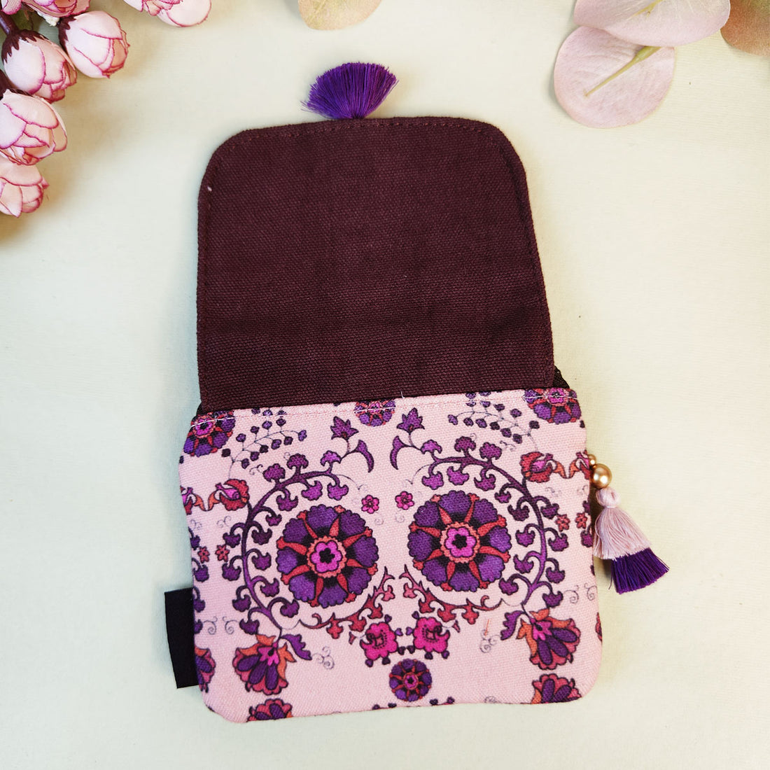 MINI FLAP WALLET- PEACH-PURPLE TILE-PURPLE SUZANI