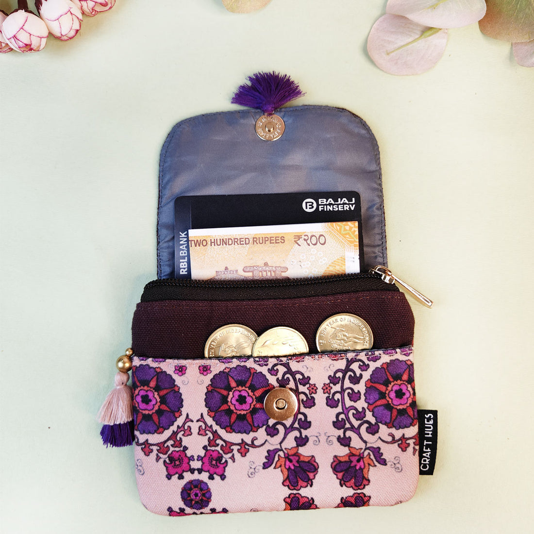 MINI FLAP WALLET- PEACH-PURPLE TILE-PURPLE SUZANI