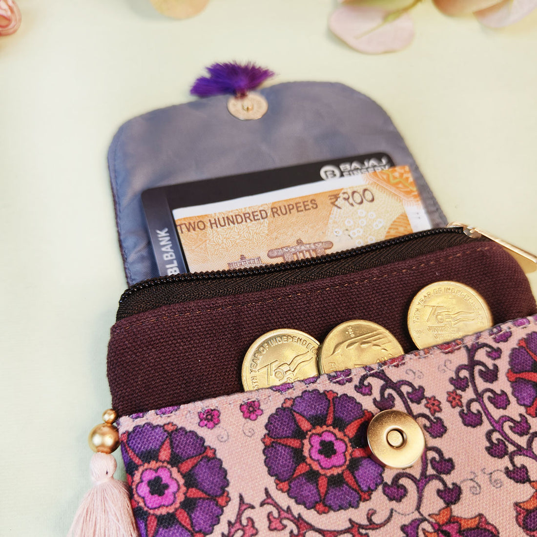 MINI FLAP WALLET- PEACH-PURPLE TILE-PURPLE SUZANI