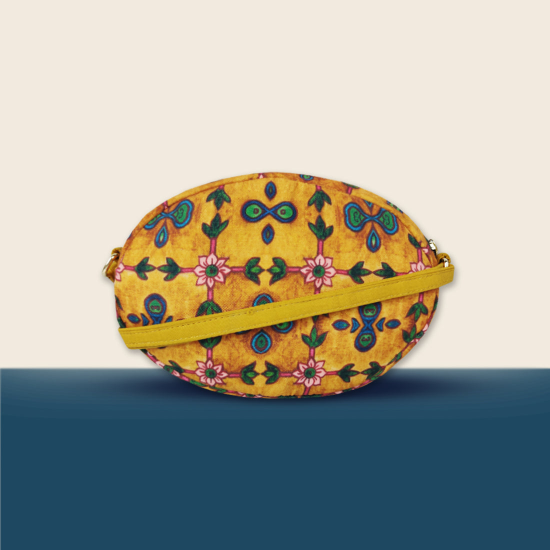 Oval Sling Bag- Mustard pink flower