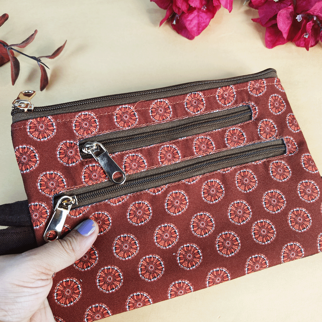 Multi-Purpose Pouch- Orange Madhubani Flower