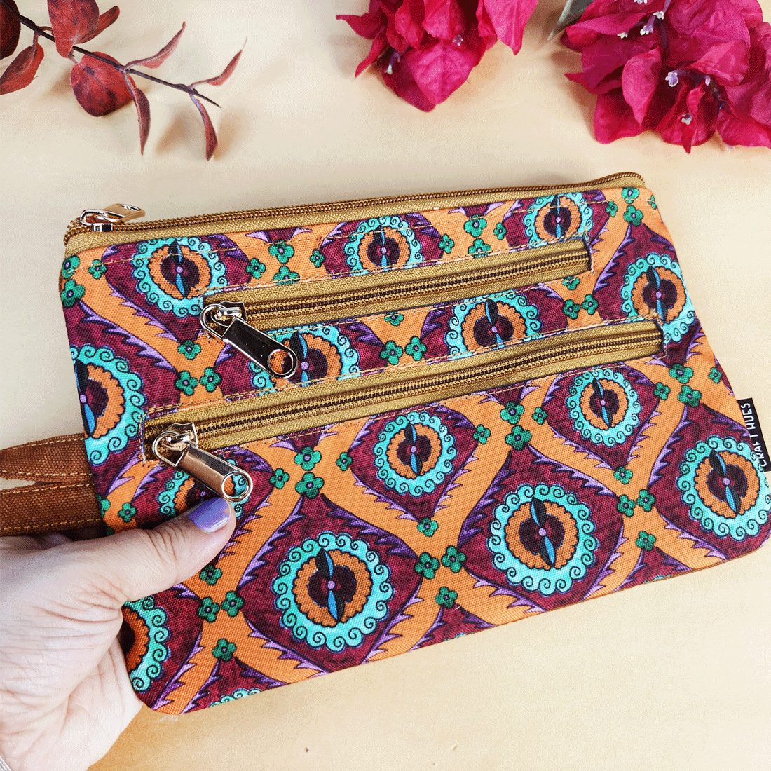 Multi-Purpose Pouch Combo- Orange Suzani- Gond Blue Bird