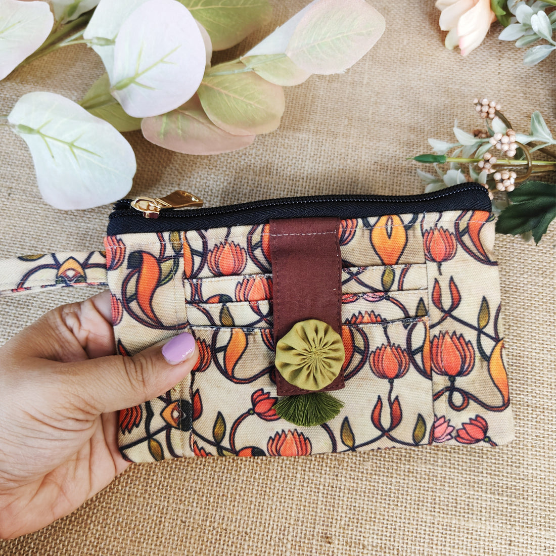 Front Card Wallet- Peach-Green Floral Combo