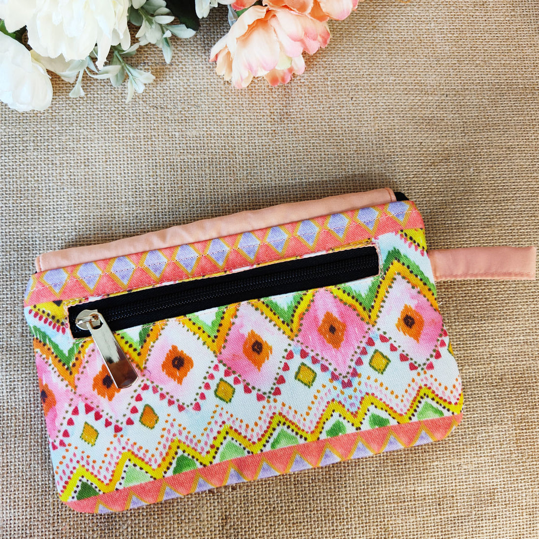 Peach-Pink Ikkat Tassel Wallet Combo