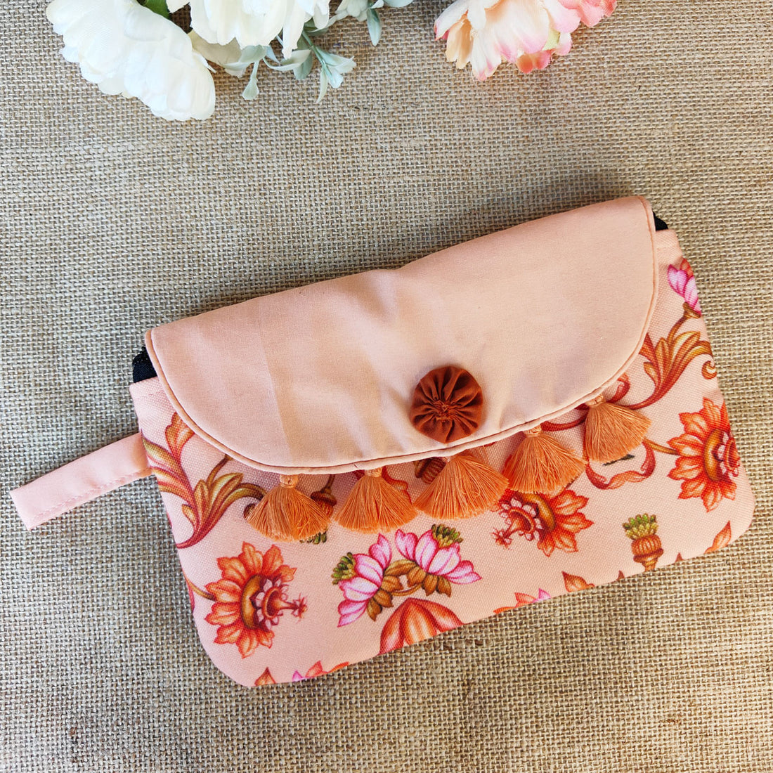 Peach-Pink Mughal Bel Tassel Wallet Combo