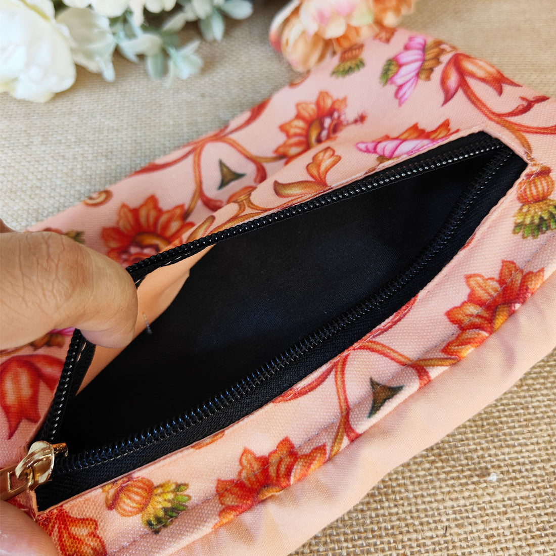 Peach-Pink Mughal Bel Tassel Wallet Combo