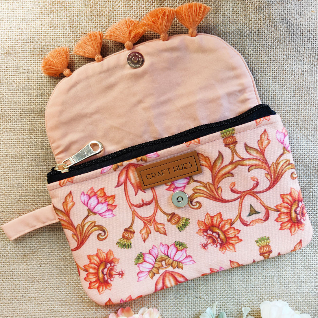 Peach-Pink Mughal Bel Tassel Wallet Combo