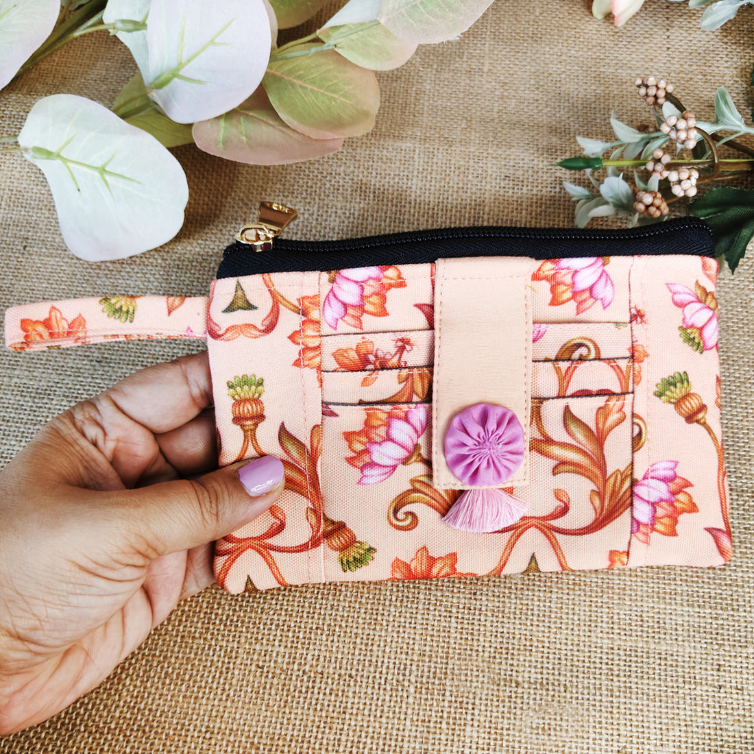 Front Card Wallet-Brown-Peach Garden Combo