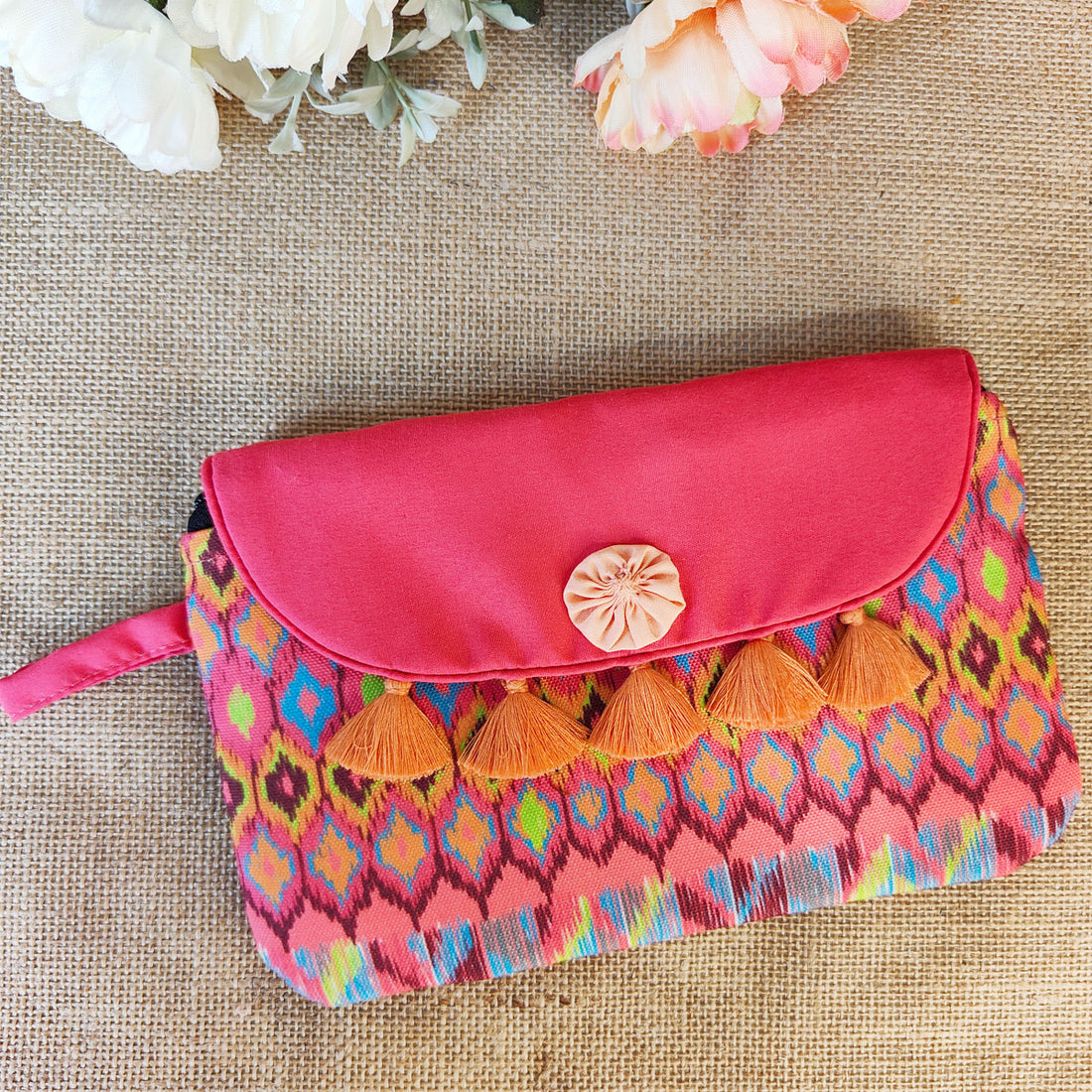 Peach-Pink Mughal Bel Tassel Wallet Combo